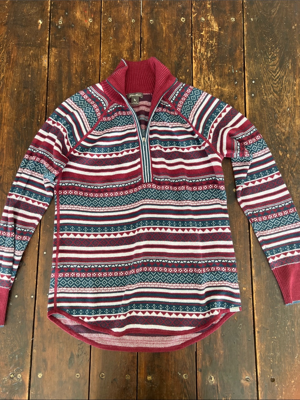 Eddie Bauer Maroon and Navy Patterned Zip Sweater